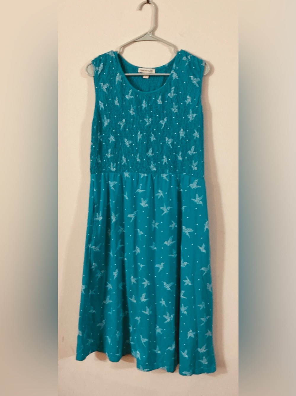Coldwater Creek Teal Hummingbird Print Dress- Smocked Top- Midi- Size M
